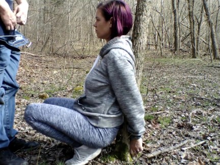 Handcuffed to a tree and deepthroat facefucked