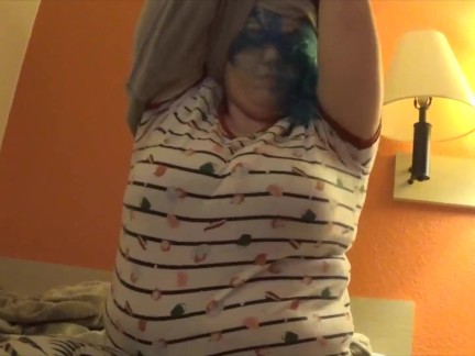 White girl with colored hair undresses and plays with tits to edm music