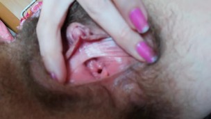 Hairy pussy vibrator masturbation with erected clitoris 