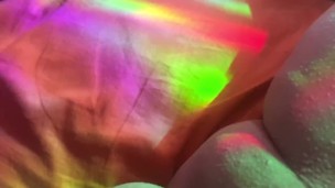 Fivedollarhug Cougar uses glass glow toy with rainbows on her fat pussy, anal and oral
