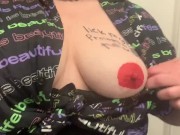 fat BBW tits covered in writing + bright pink painted nipples
