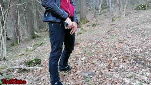 Sexy metalhead peeing in the forest