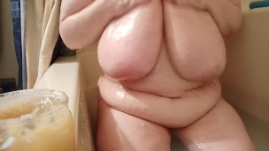 Foot fetish honey and almond body scrubbing myself Legs, feet, boobs, belly