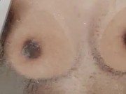 Small wet tits against shower doors 