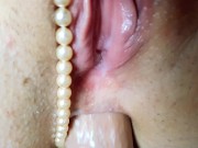 British MILF takes a load in her ass wearing pearl thong