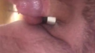 Big ball daddy jerks off with Cock ring and nipple clamps