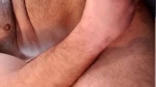 Bear drops thick cum into glass and then drips onto hairy chest!