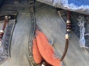 Outdoor play with her pierced and tattooed pussy in jeans 5/16