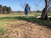 Outdoor play with her pierced and tattooed pussy in jeans 6/16