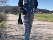 Outdoor play with her pierced and tattooed pussy in jeans 7/16