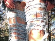 Outdoor play with her pierced and tattooed pussy in jeans 9/16