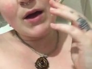 Unedited Milkymama smokes in tub stretching throat&pussy with dildo