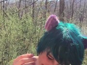 Kitten gives sloppy outdoor blowjob, cum in hair w/ water dump. 15/16