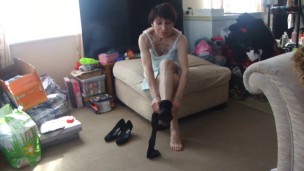 WEARING ON BLACK TIGHTS IN NIGHTGOWN HEELS SEXY BARE LEGS DANCE HOT PUSSY!