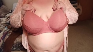 BBW in pink bra and panties set with pink lace kimono