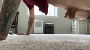 Squishing cock and balls while doing press ups 