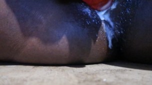 Fat Ebony Pussy Creaming on Pink Dildo