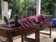 Wool mohair layers of sweaters on a bondage table  7/16