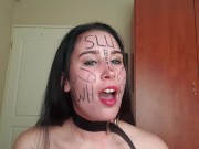 Self degrading slut gags herself and self face slapping with dirty talk 15/16