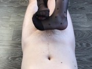 sexy girl footjob with black nylon stockings after walk cumshot 10/16