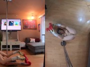 Horny athletic Milf smokes and rubs her pussy while stripping at home 9/16