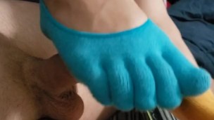 Colorful toe sock job Cumshot