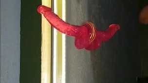 Sissy in chastity fucks her ass with red dildo in front of the mirror.