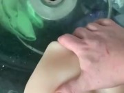 Chubby stud fucks new toy in bathroom POV