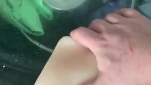 Chubby stud fucks new toy in bathroom POV
