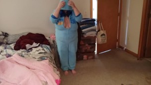 Trying on my Cookie Monster onesie for Daddy! BBG Blue hair Pawg 