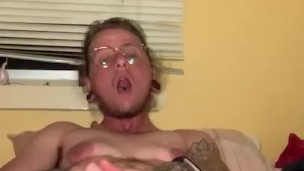 Wet and eye rolling ftm jerk off ends with intense shaking