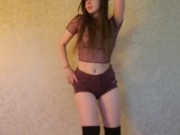 Dance & strip to nude. (Tall socks & short shorts)  8/16