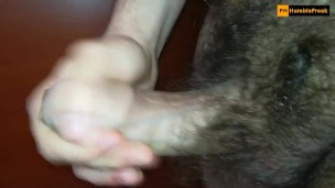 Nice cumshot from hairy tight foreskin dick
