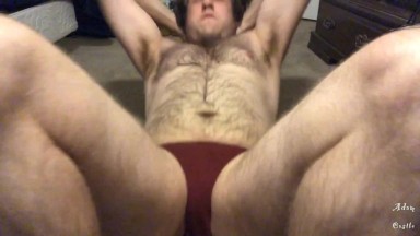 Hairy Stud In Thong Does Sit Ups & Stretches