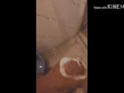 Stroking long fat cock on my bathroom floor