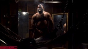 HYPER MASCULINE MUSCLE HAIRY BULL SMOKING HIS CIGAR IN FRONT OF THE SLING