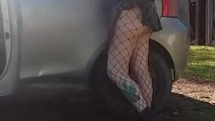 Schoolgirl in fishnets touching herself erotically bending down in all positions cleaning a ca
