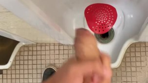 College boy cumming in public restroom