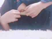 シャツの中、痴漢にブラをはだけさせられて火照りを収めるオナニー Japanese girl masturbation 1/16