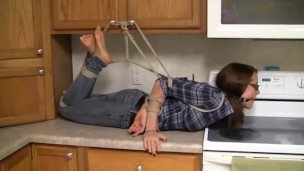 Nerdy Madalynn Raye Roped Barefoot in the kitchen & Gagged