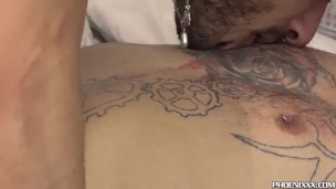 Tattooed takes his friend big cock in his ass