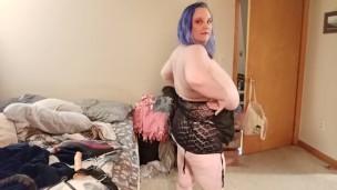 Tight black lingerie BBW putting on my strap on