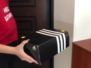 Delivery girl gives sloopy blowjob and fucks with his client 1/16