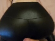 Cumming over petite babes sexy ass in shiny black spandex leggings! 14/16