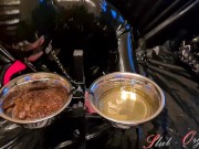Slave Slut-Orgasma Celeste in black latex eating dog food and drinking piss 3/16