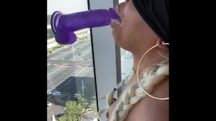 Ebony step sister caught practicing sloppy deepthroat on dildo
