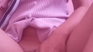 Collared busty teen rubbing pussy