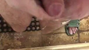 urethral plug at public shower, phone cable in bladder, pee and cum