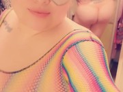 Round ass Curvy Latina feeling sexy in rainbow fishnet top and thong