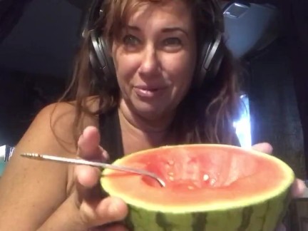 Busty cougar enjoys quarantine squirt eating melon mukbang vegetable cucumber food insertion